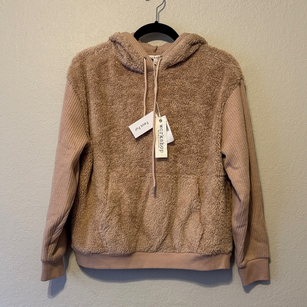 Workshop Republic Clothing Tan Faux Fur Hoodie - Picture 1 of 7